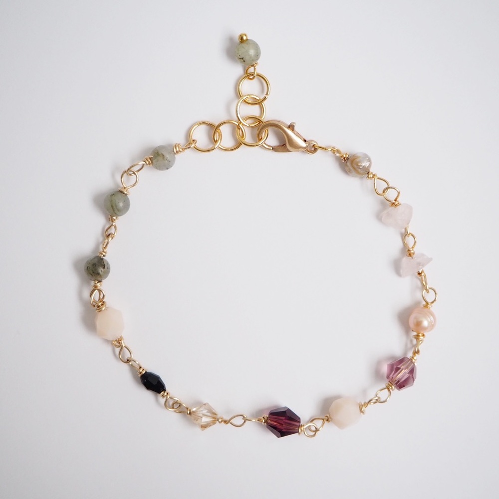 Multicolor Gemstone Crystal Beads Gold Wire Wrapped Chain Bracelet